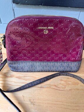 Michael Kors Crossbody Bag Patent Leather Burgundy MK Logo 9.5x7x4